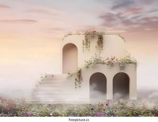 White Archway With Flowers and Fog