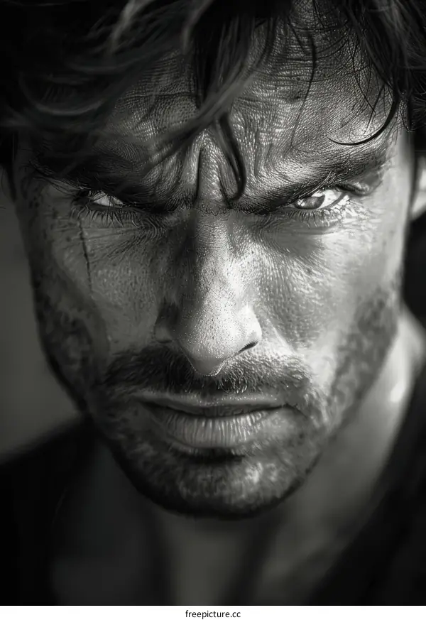 Intense Gaze of a Man with a Scar