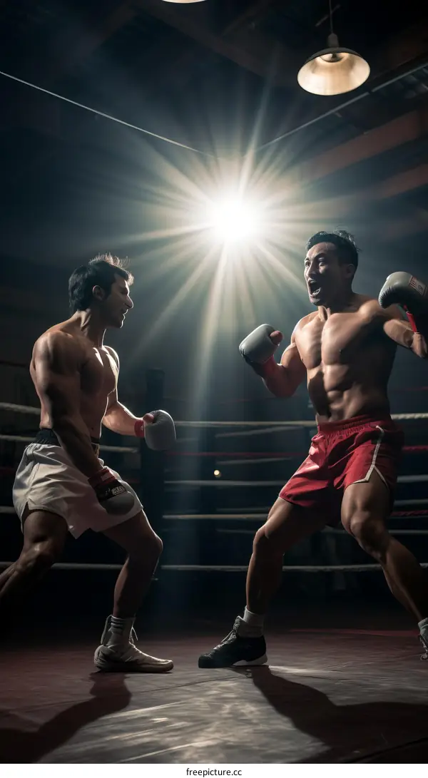 Two muscular men in a boxing match