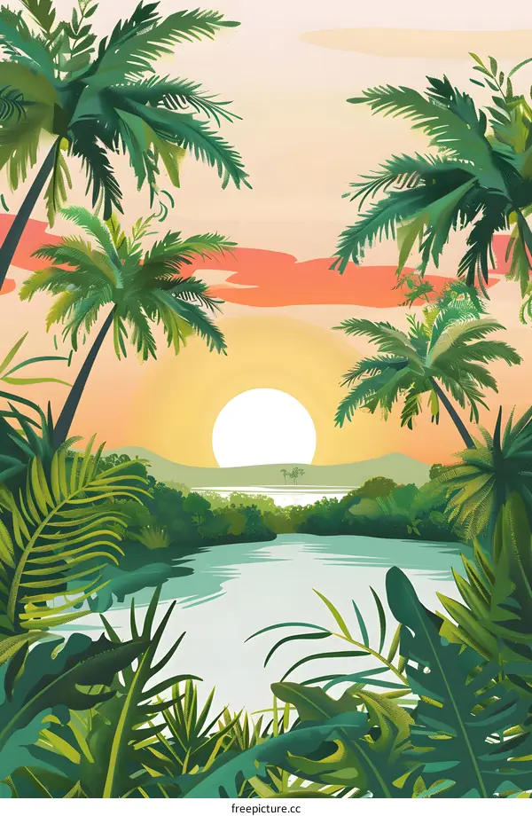 Tropical Sunset Landscape with Palm Trees