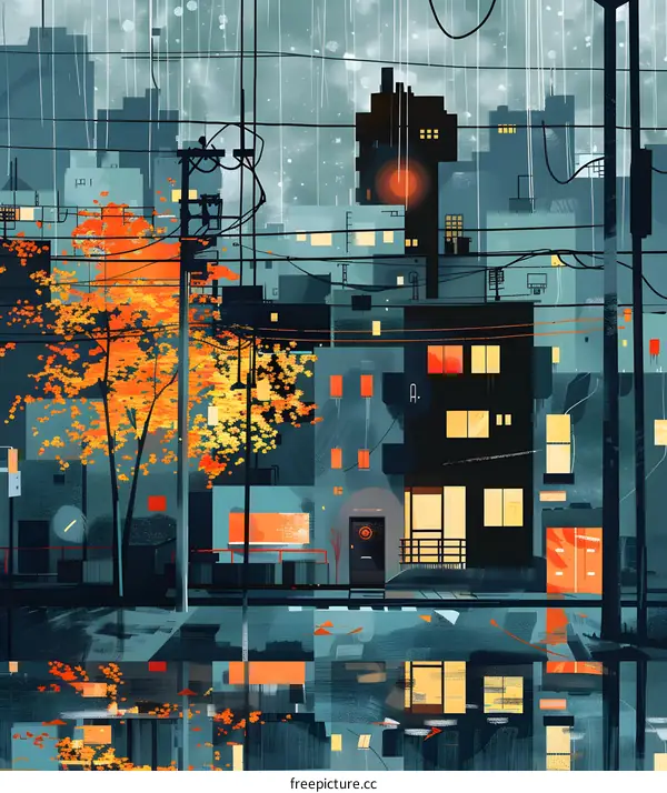 Cityscape Illustration with Autumn Trees and Rain