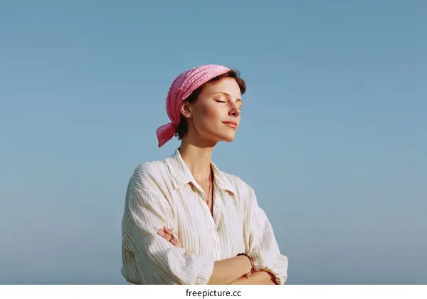 Peaceful Woman with Pink Headscarf Against a Clear Sky