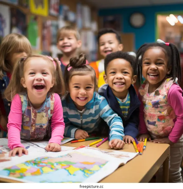 A group of children of different ethnicities are sitting around a table and looking at a map.