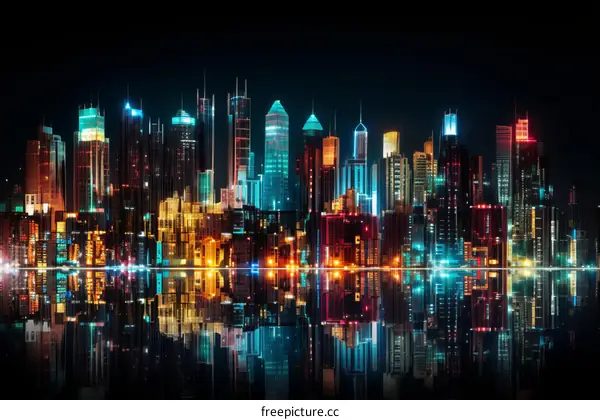 A Dazzling Nighttime Metropolis with Luminescent Skyscrapers and Vibrant City Lights