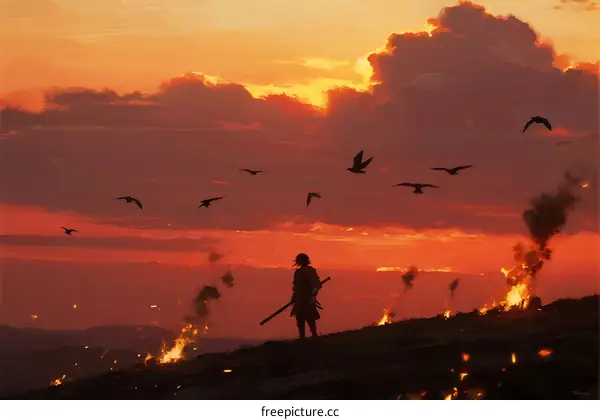 A lone figure stands on a burning hillside as sunset paints the sky