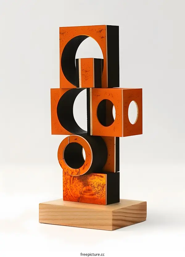 Abstract Orange Wooden Sculpture With Geometric Shapes