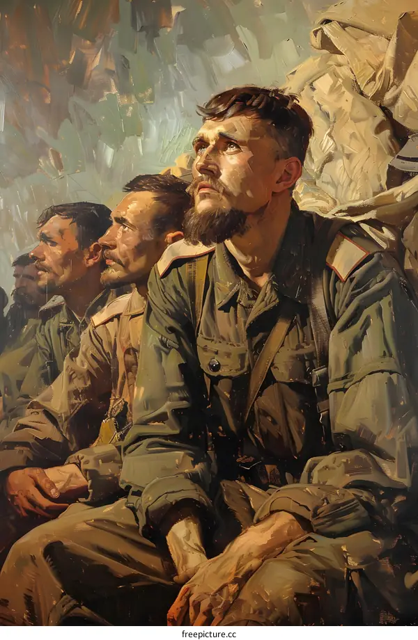 Painting of Three Soldiers Looking Up