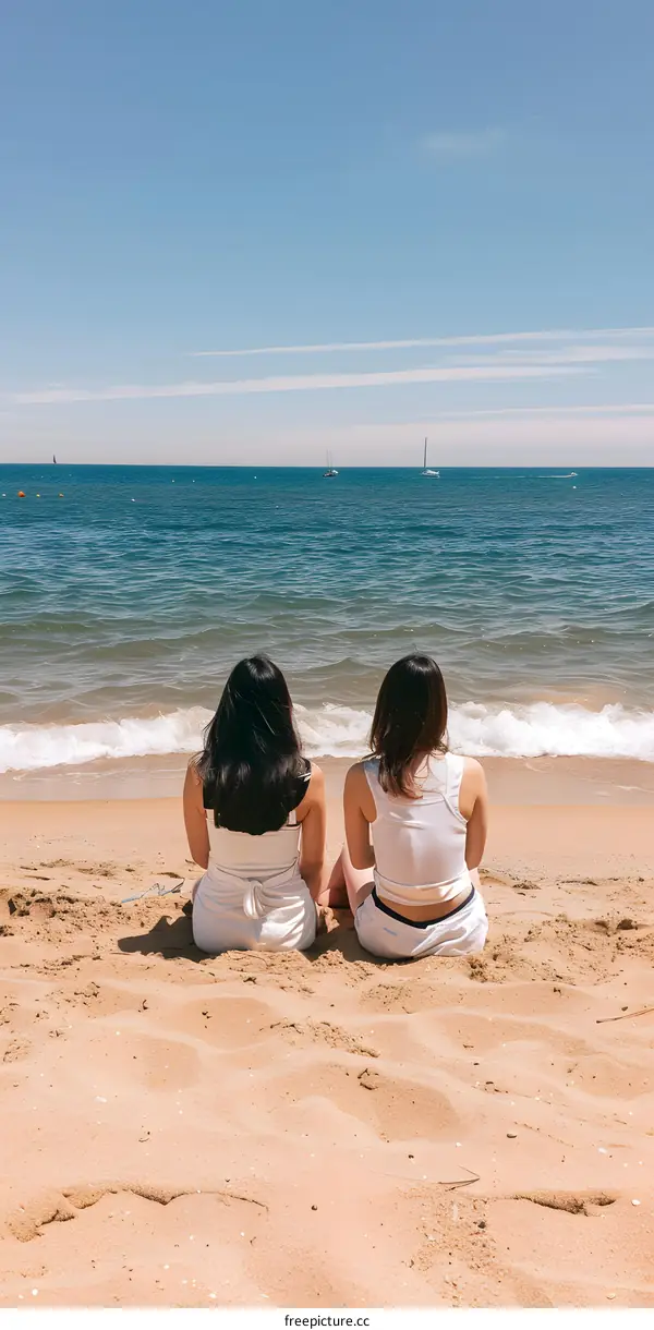 Two Women Sitting on Sandy Beach Back to Camera Looking at the Ocean