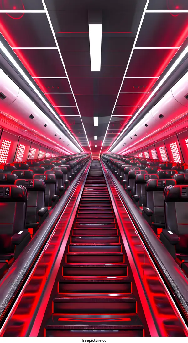 Futuristic Red Lit Airplane Interior with Escalator