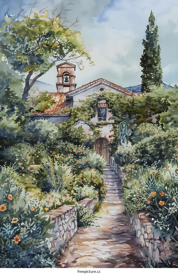Watercolor Painting of a Stone Church with a Winding Path and Lush Greenery