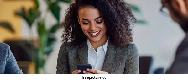 Smiling Woman Looking at Phone During Meeting