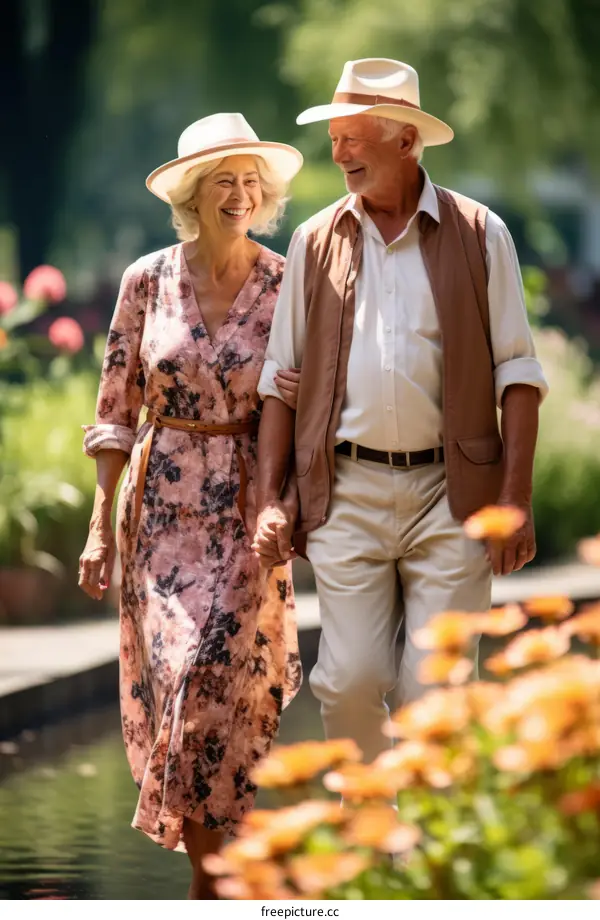 Happy elderly couple walking in a park