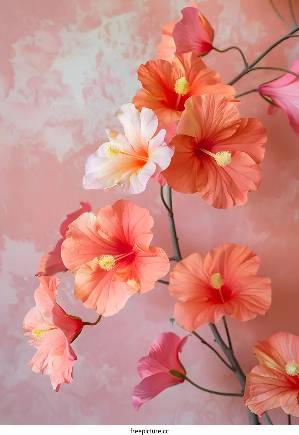 Pink and Orange Hibiscus Flowers on a Pink Background