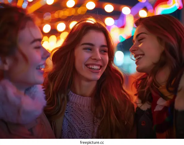 Three young women are talking and laughing at a fair at night.