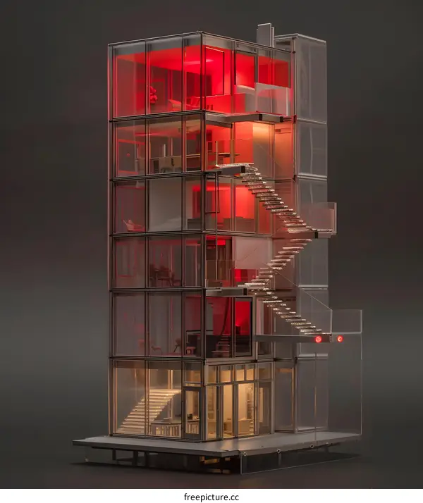 Modern Glass Building Model with Red Lights