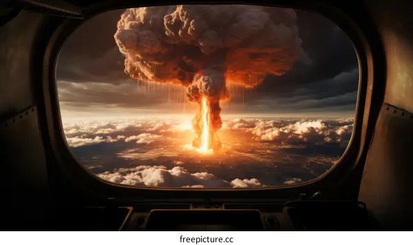 A nuclear explosion seen through the window of an airplane