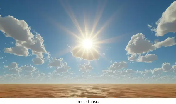 Bright sun shining over vast desert with cloudscape
