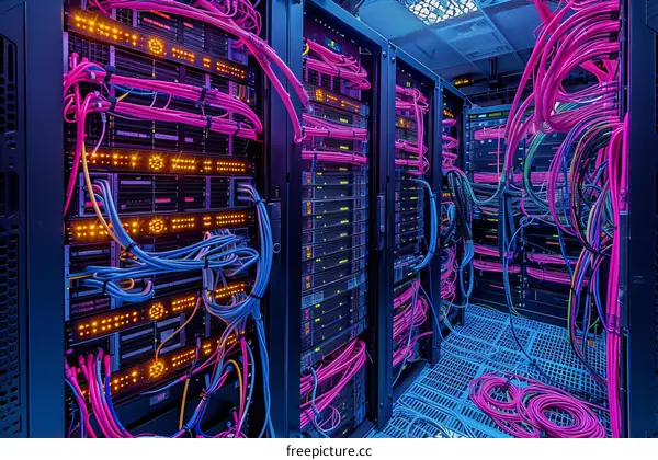 Server room with colorful cables and lights