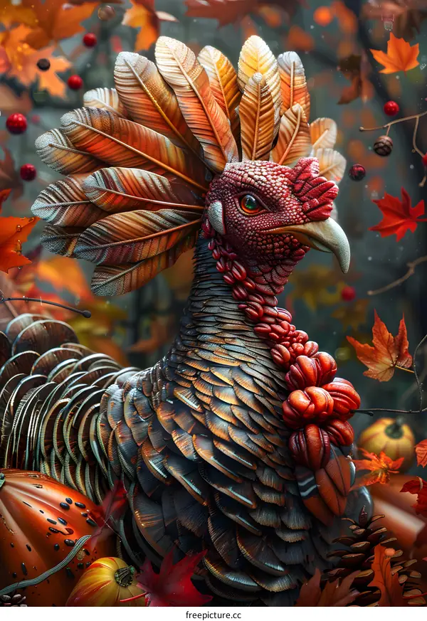 A turkey standing next to a pile of pumpkins, surrounded by autumn leaves