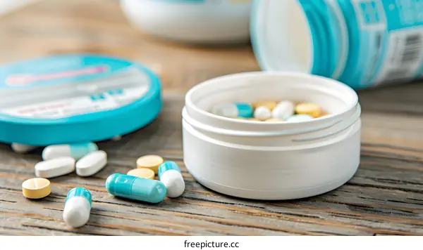 White Pills in Blue and Yellow Capsule Bottles on Wooden Table