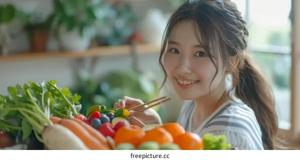 Portrait of a young woman holding chopsticks next to a pile of fresh vegetables