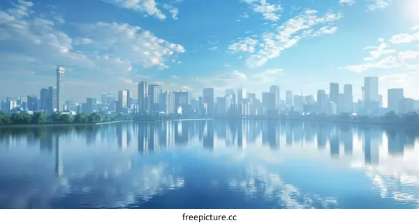 Serene Cityscape with River Reflection