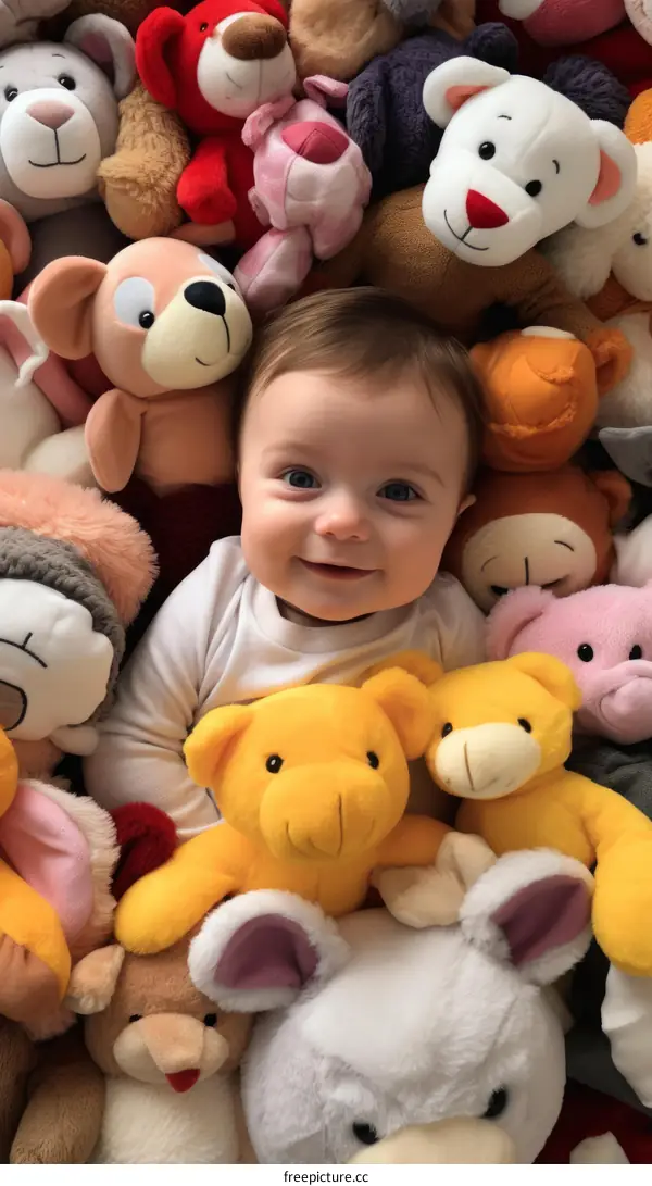 Baby girl surrounded by stuffed animals