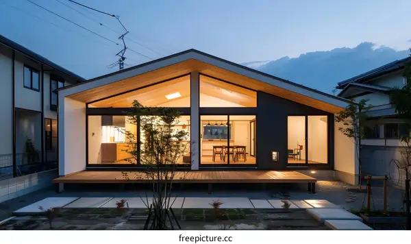 Modern Japanese House With Large Glass Windows and Wooden Deck