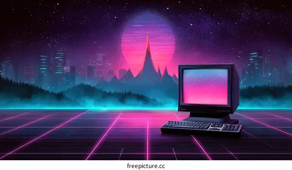 Retro Futuristic Cityscape with Vintage Computer