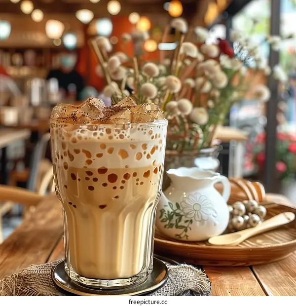 Tall glass of iced coffee on a wooden table