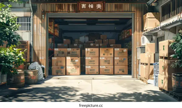Anime style illustration of a warehouse full of boxes