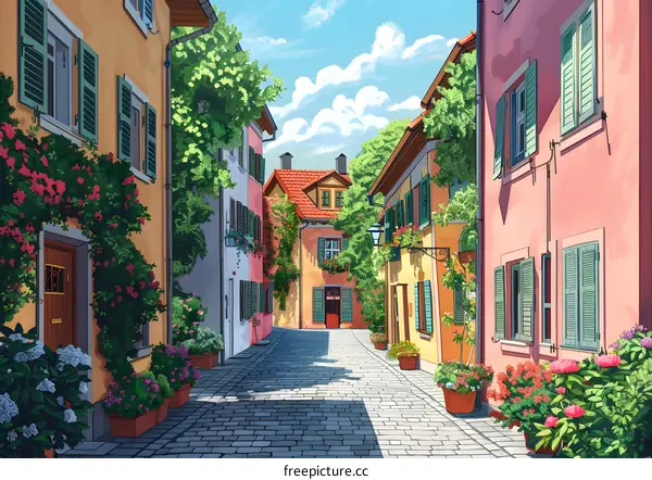A beautiful European street with colorful houses and flowers