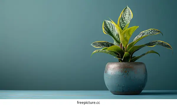 A potted Aglaonema sits on a wooden table against a solid green background