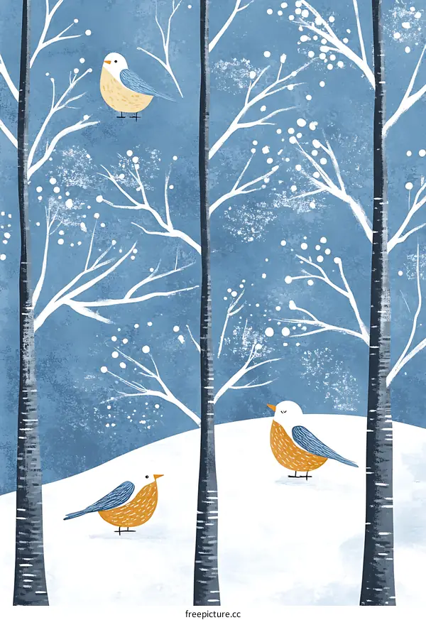 Winter Forest Illustration With Three Birds