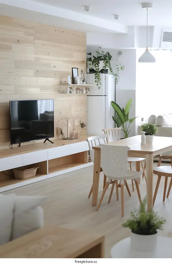 Minimalist Modern Living Room Interior Design with Wooden Wall and White Furniture