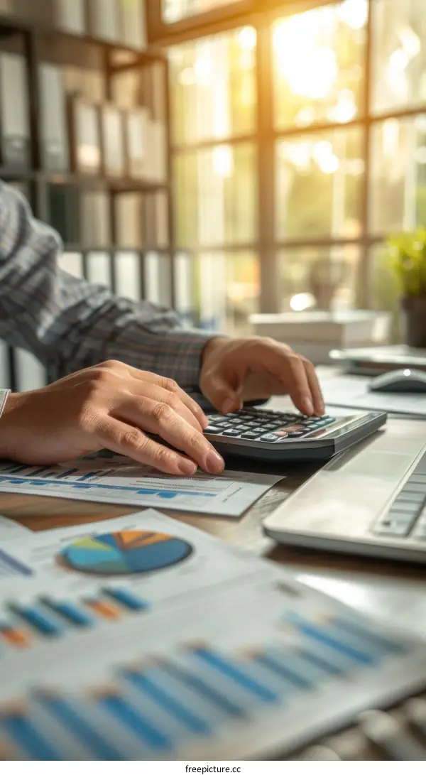 Asian businessman using a calculator to calculate the company's finances