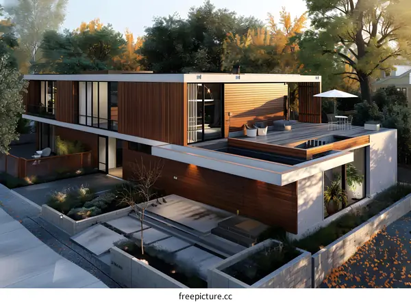 Modern Home with Wooden Facade and Rooftop Deck