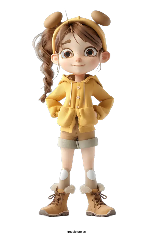 [Transparent Background PNG]Cute Cartoon Girl Wearing Yellow Hoodie and Brown Boots
