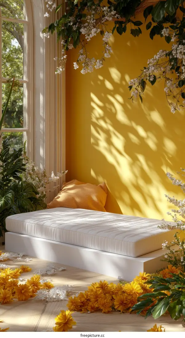 A Sunny Floral Display with a Modern Mattress