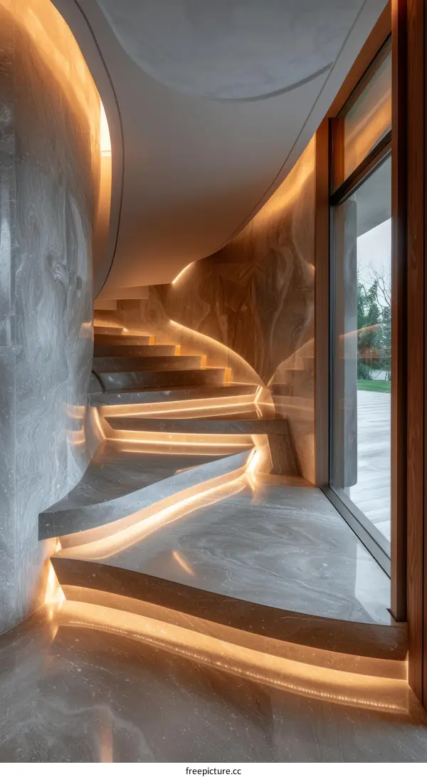 Marble staircase with curved walls and integrated lighting