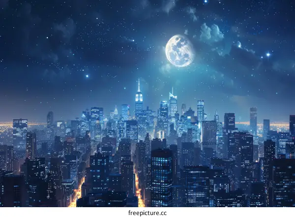 Blue and Purple Cityscape with Full Moon
