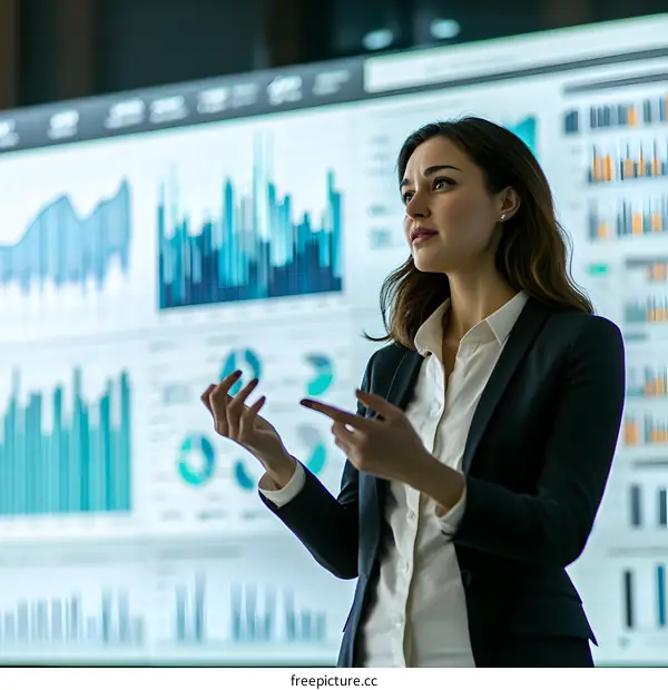 Businesswoman Presenting Data Analytics on Screen