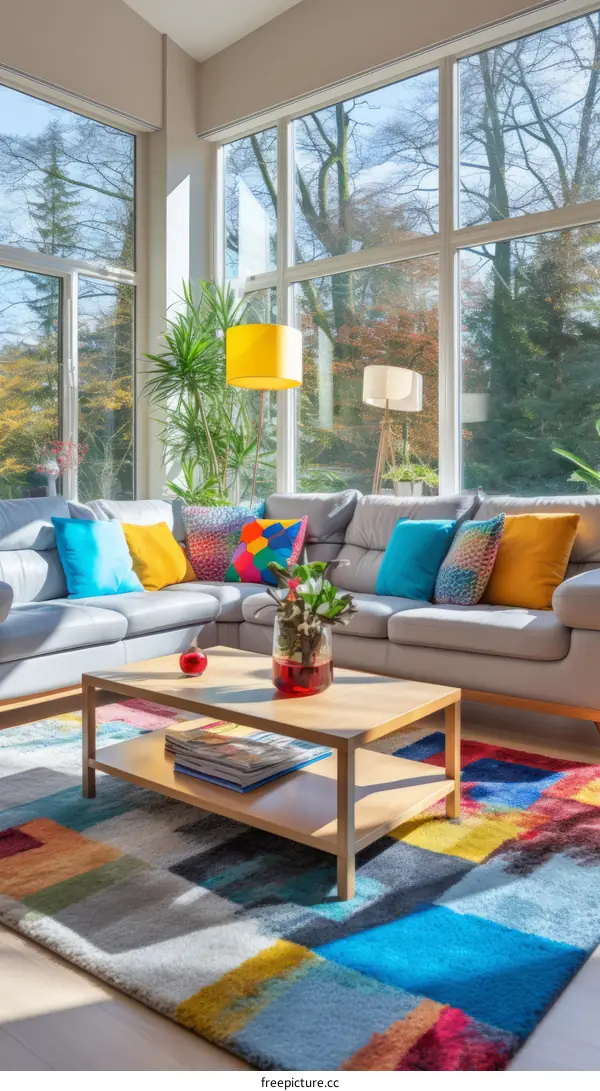 Modern Living Room with Colorful Furniture and Large Windows