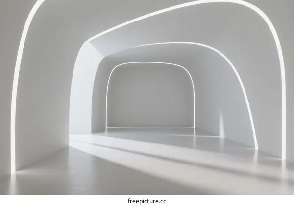 Minimalist White Corridor with Curved Arches and Soft Lighting