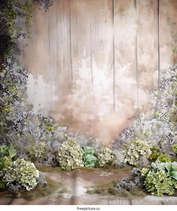 Wooden Background With Green Plants and Moss