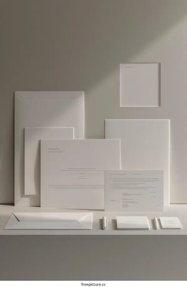 A mockup of a desk with a blank sheet of paper, an envelope, a pen, and a business card.