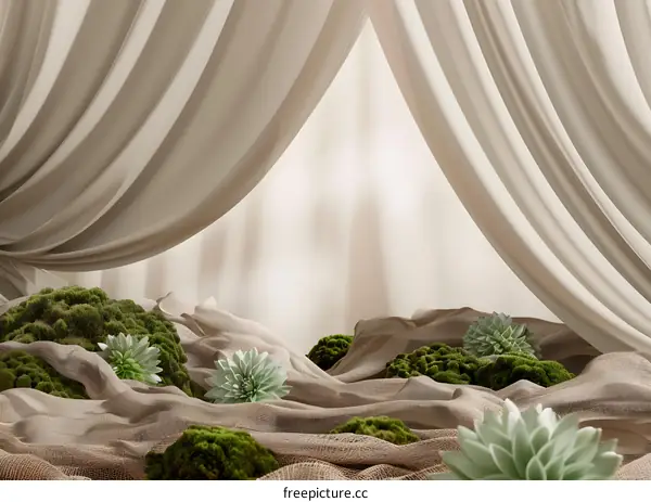 Minimalist Abstract Background with Green Plants and Beige Curtain