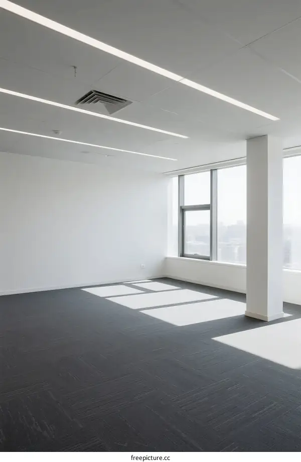 Modern office space with white walls and large windows for natural light