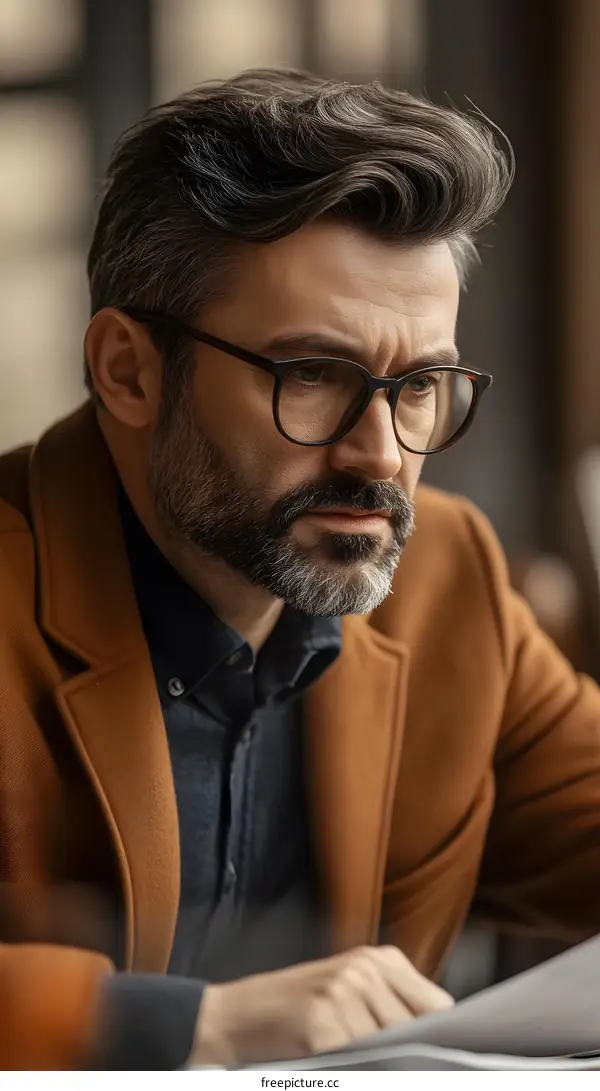Focused Man Wearing Glasses Reading Documents