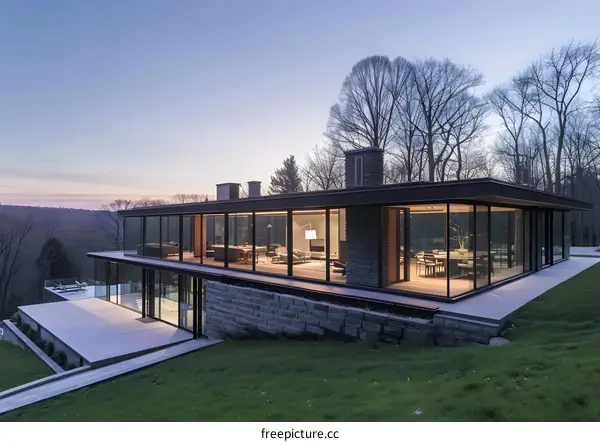 Modern Glass House with Sunset View